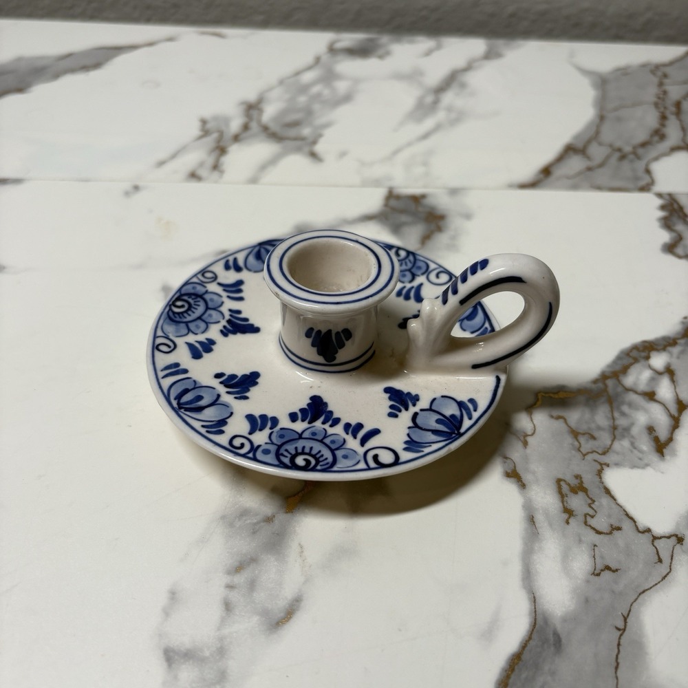 Vintage 1984 DAIC Delft Blue Handpainted Floral Taper Candle Holder Chamberstick
